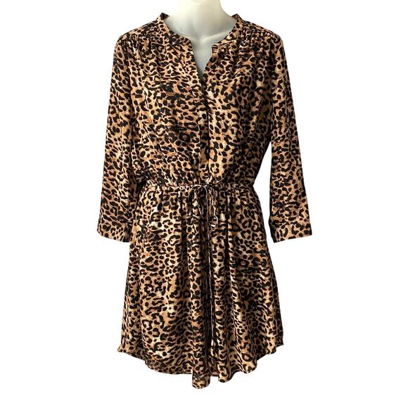 Daniel Rainn Boho Leopard Print Mini Dress Women Size M Brown Mobwife Tie Waist - Picture 1 of 12
